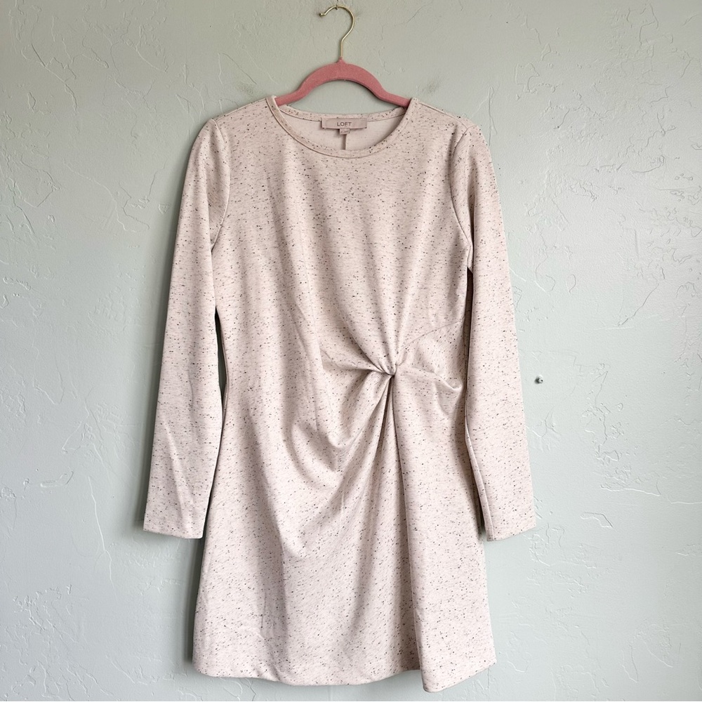 LOFT Women’s Gray Cream Black Speckled Long Sleeve Dress Side Twist Medium EUC